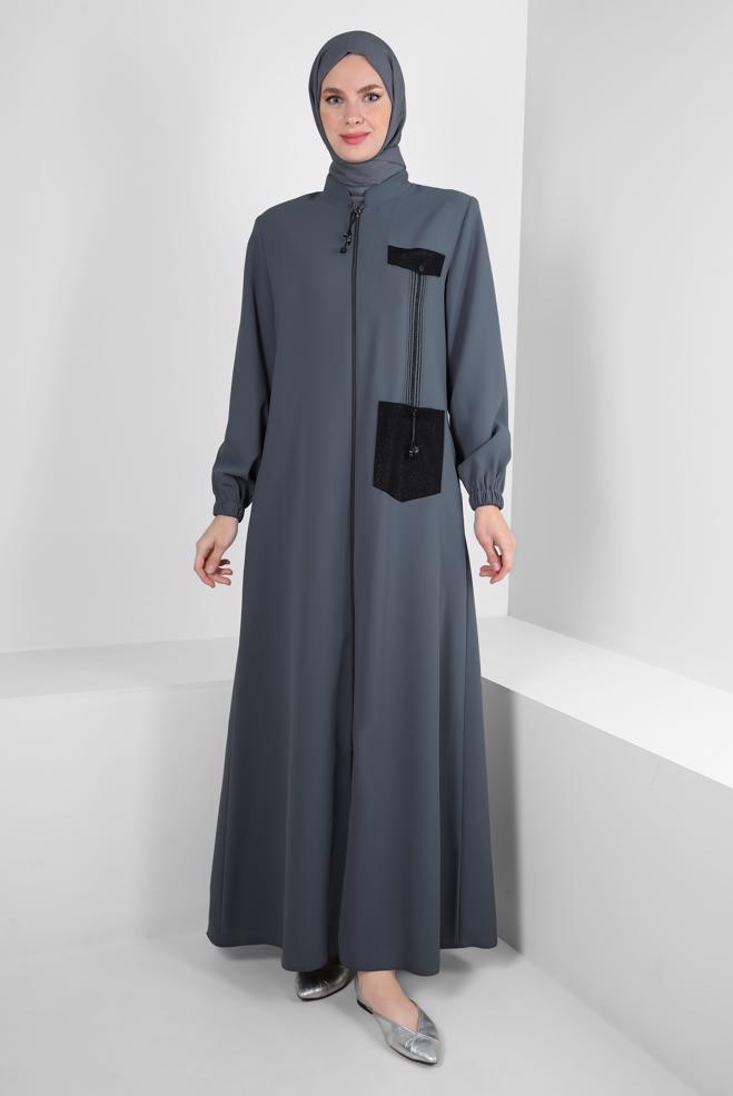 Vêtements hijab GRIS PARDESSUS DÉTAILLÉ RAYURES AVEC POCHES 10723 - ALVİNA
