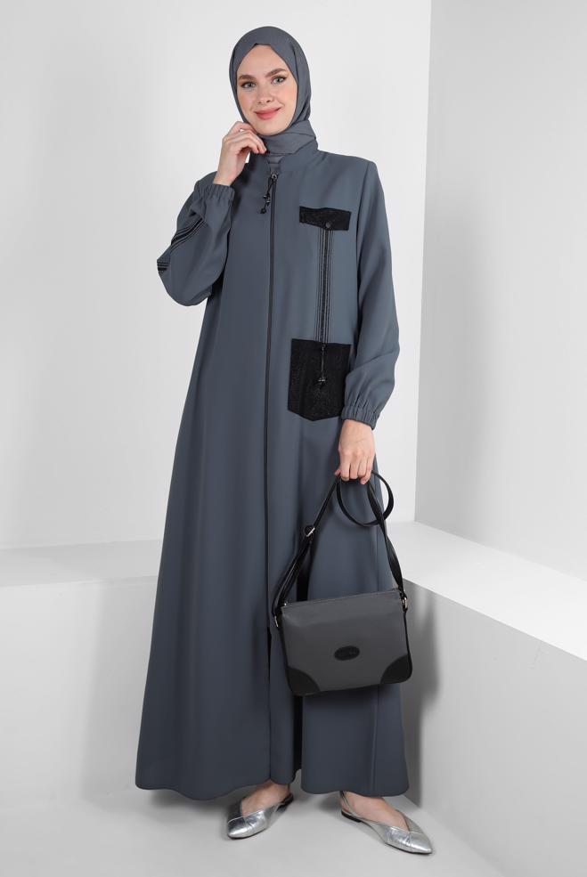 Vêtements hijab GRIS PARDESSUS DÉTAILLÉ RAYURES AVEC POCHES 10723 - ALVİNA