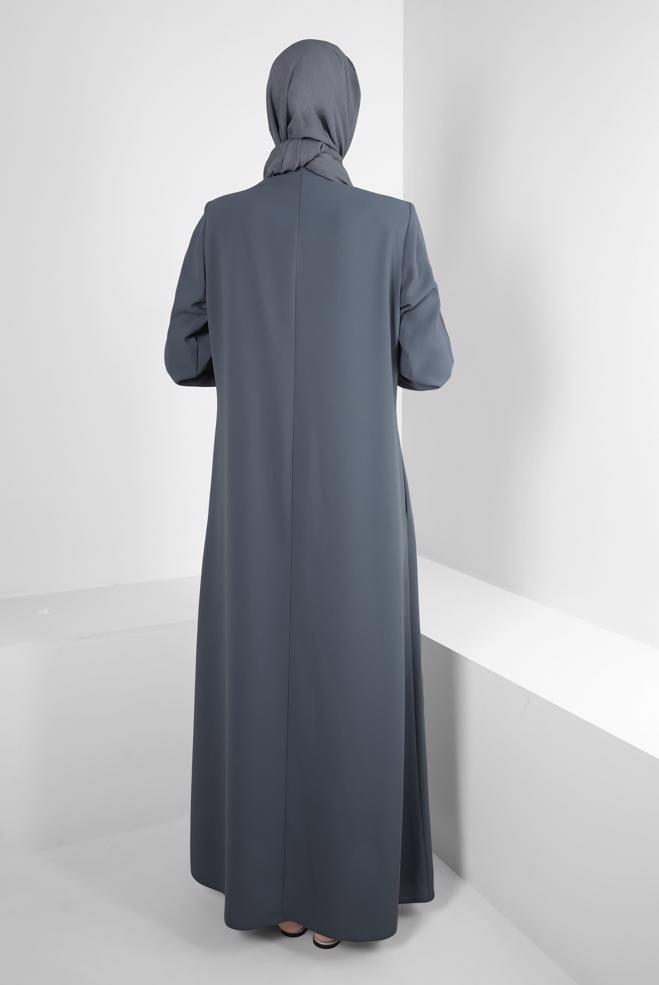 Vêtements hijab GRIS PARDESSUS DÉTAILLÉ RAYURES AVEC POCHES 10723 - ALVİNA