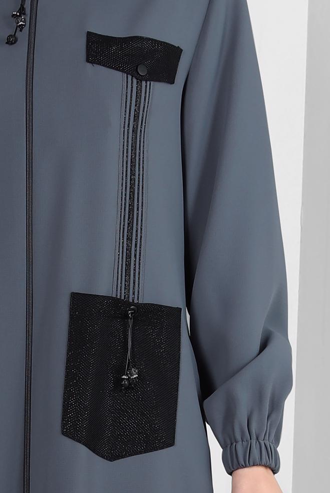 Vêtements hijab GRIS PARDESSUS DÉTAILLÉ RAYURES AVEC POCHES 10723 - ALVİNA