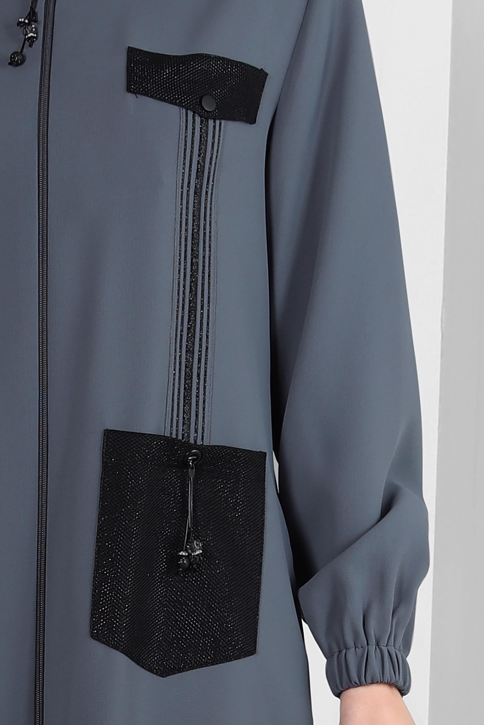 Tesettür giyim GRİ CEPLİ ŞERİT DETAYLI PARDESÜ 10723