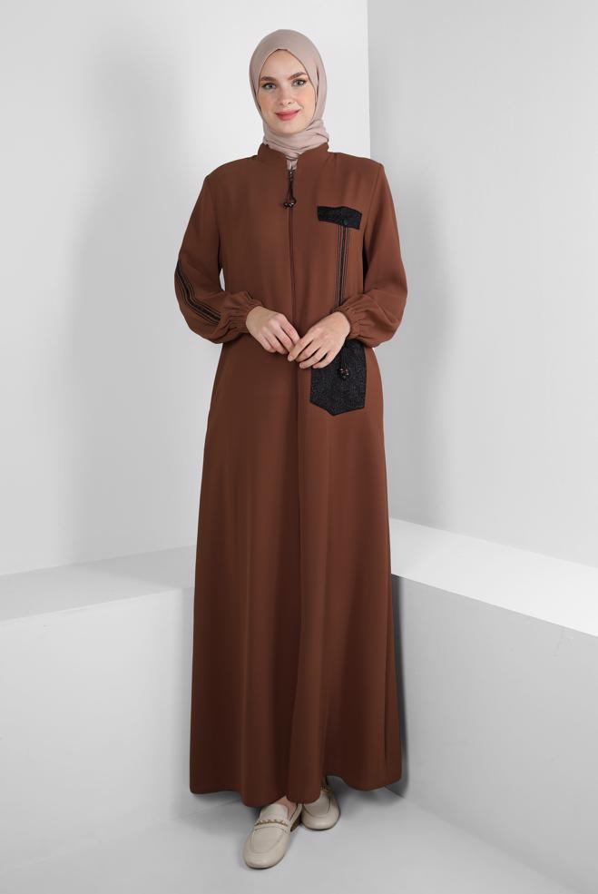 Tesettür giyim TURUNCU CEPLİ ŞERİT DETAYLI PARDESÜ 10723 - ALVİNA