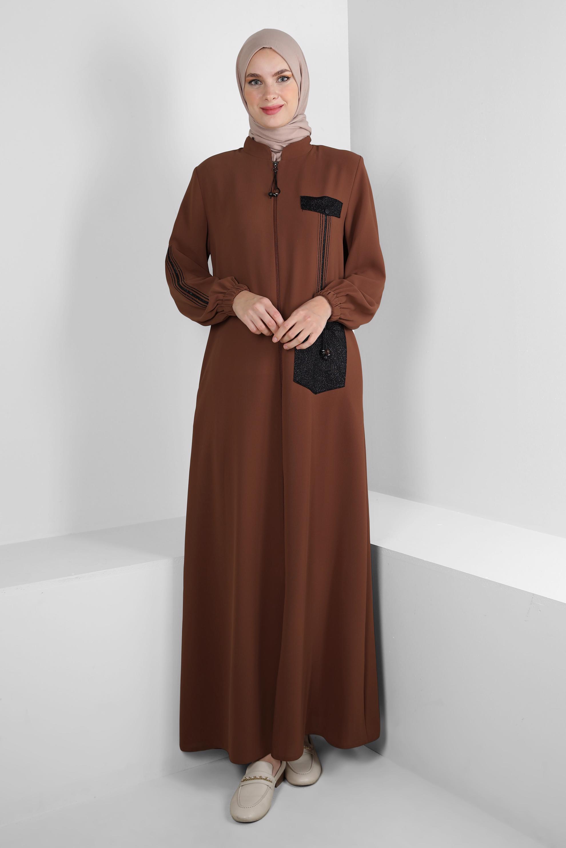 Vêtements hijab ORANGE PARDESSUS DÉTAILLÉ RAYURES AVEC POCHES 10723