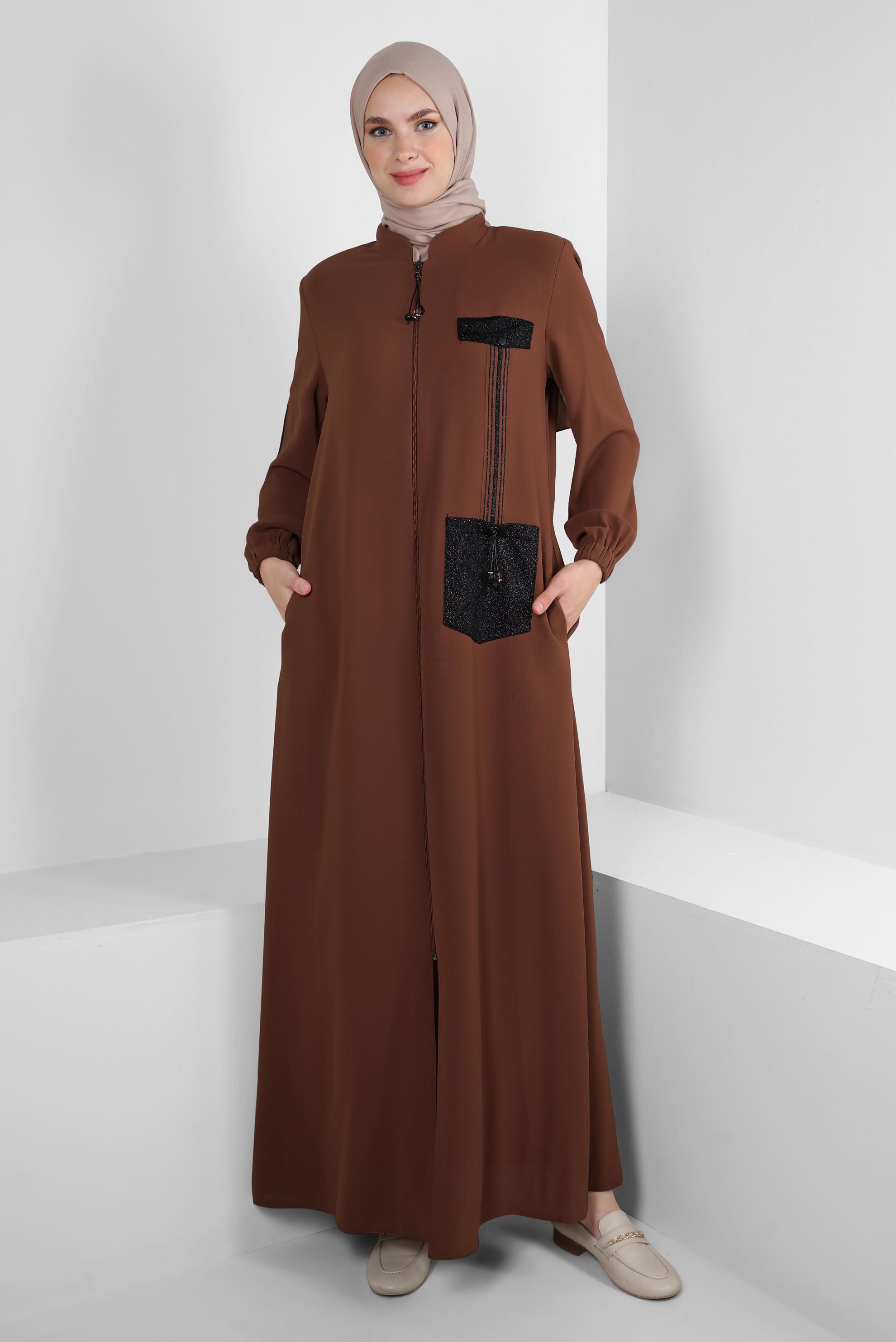 Vêtements hijab ORANGE PARDESSUS DÉTAILLÉ RAYURES AVEC POCHES 10723