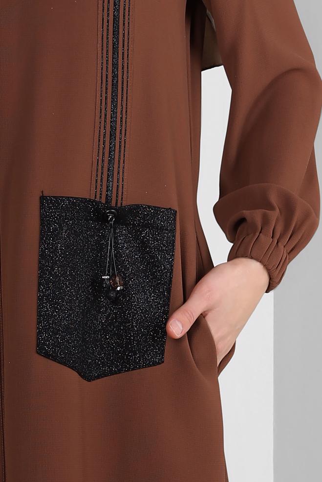 Tesettür giyim TURUNCU CEPLİ ŞERİT DETAYLI PARDESÜ 10723 - ALVİNA