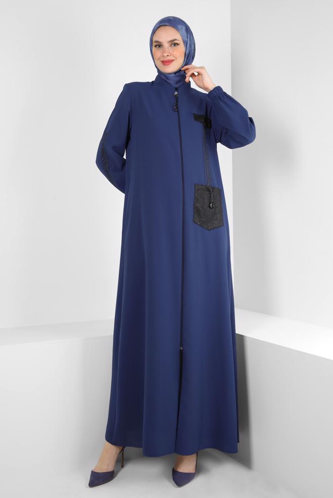 Tesettür giyim LACİVERT CEPLİ ŞERİT DETAYLI PARDESÜ 10723 - ALVİNA