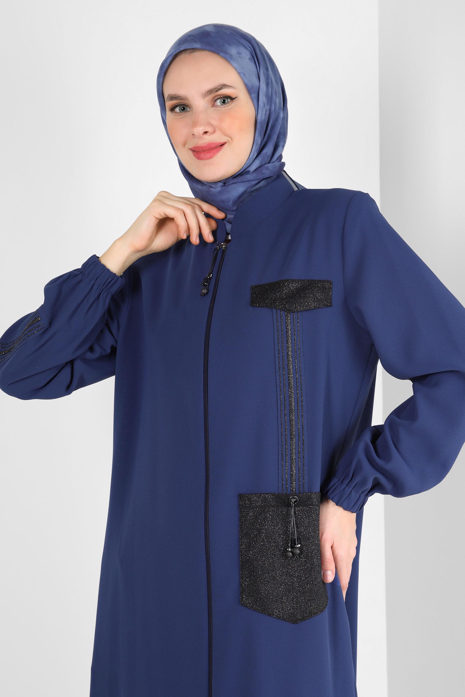 Tesettür giyim LACİVERT CEPLİ ŞERİT DETAYLI PARDESÜ 10723