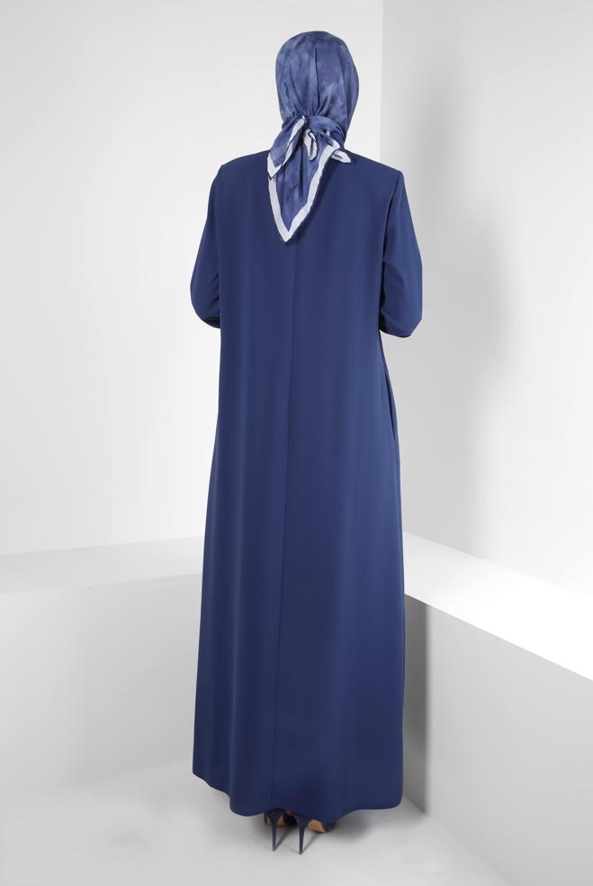 Tesettür giyim LACİVERT CEPLİ ŞERİT DETAYLI PARDESÜ 10723 - ALVİNA