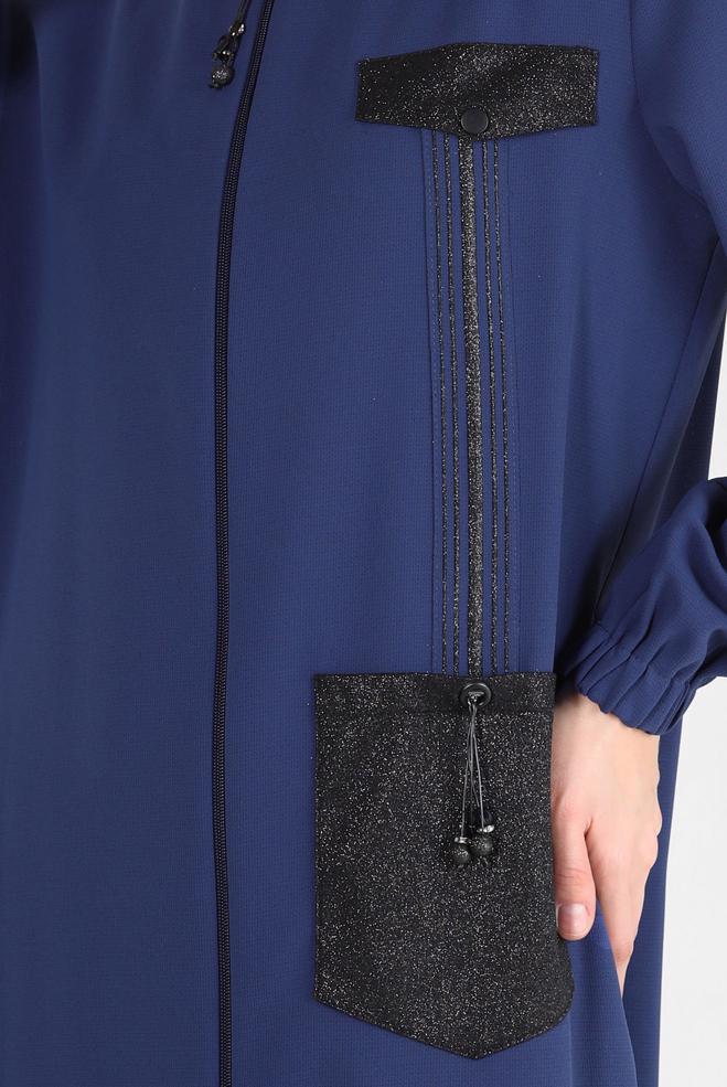 Tesettür giyim LACİVERT CEPLİ ŞERİT DETAYLI PARDESÜ 10723 - ALVİNA