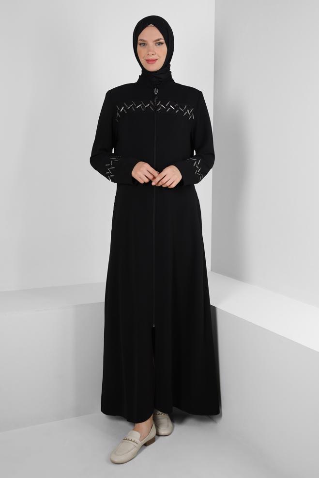 Vêtements hijab NOIR PARDESSUS ZIPPÉ AVEC PERLES 10724 - ALVİNA