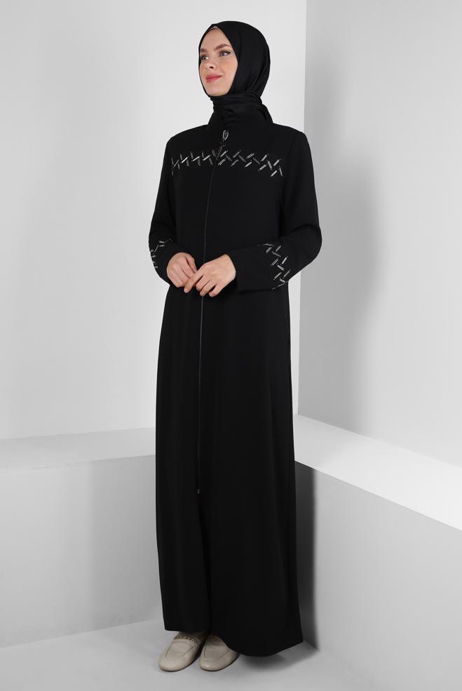 Vêtements hijab NOIR PARDESSUS ZIPPÉ AVEC PERLES 10724 - ALVİNA