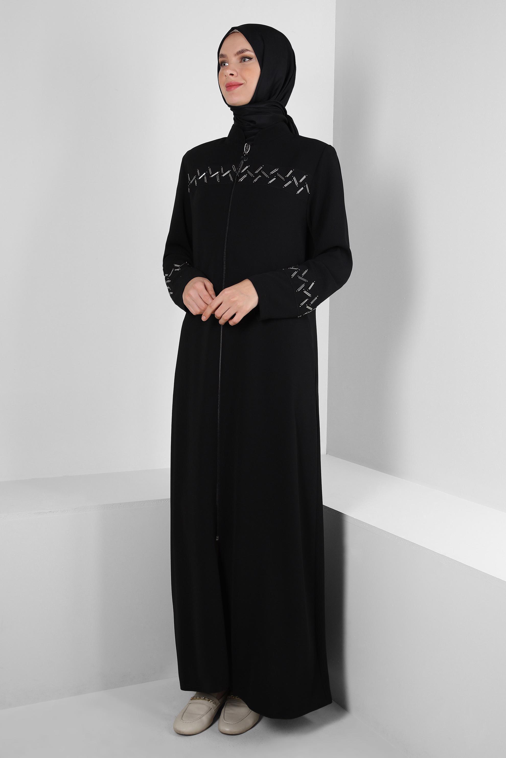 Tesettür giyim SİYAH BONCUK DETAYLI FERMUARLI PARDESÜ 10724