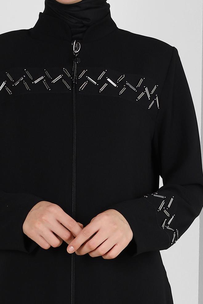 Vêtements hijab NOIR PARDESSUS ZIPPÉ AVEC PERLES 10724 - ALVİNA