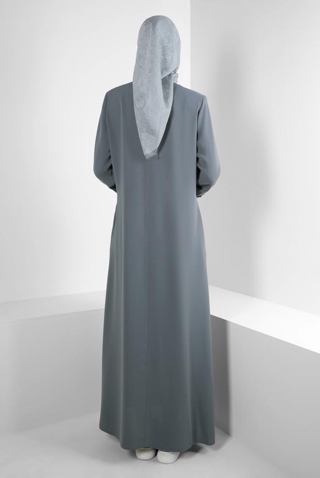 Tesettür giyim GRİ BONCUK DETAYLI FERMUARLI PARDESÜ 10724 - ALVİNA