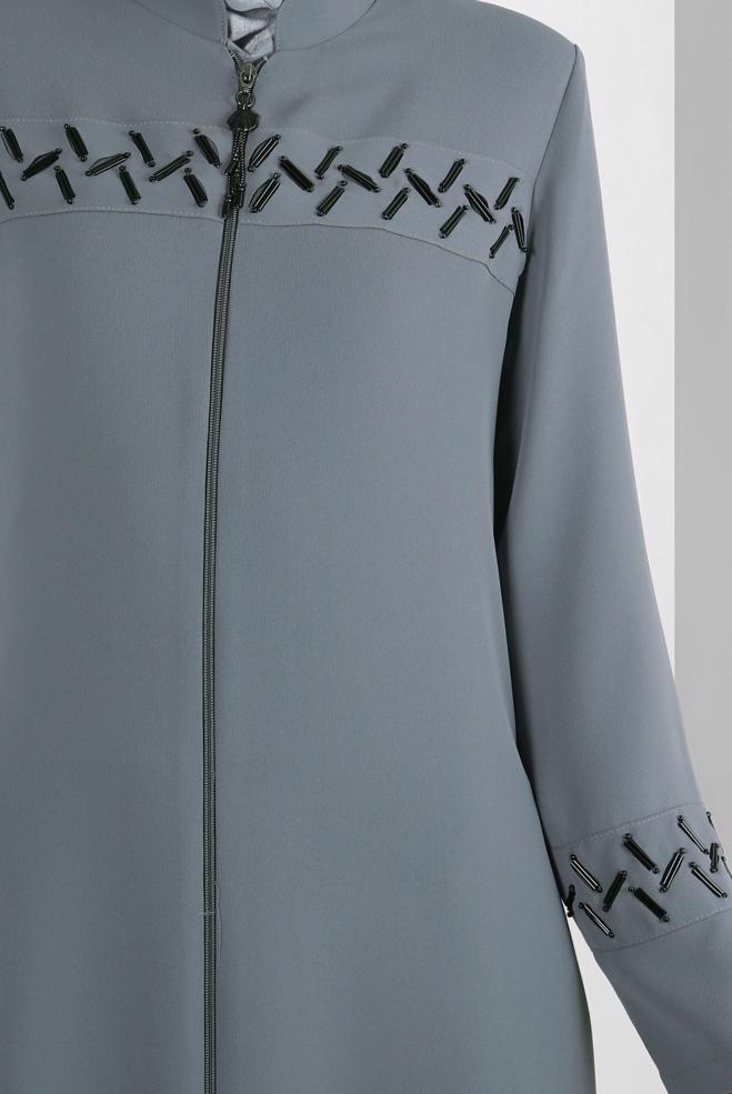 Tesettür giyim GRİ BONCUK DETAYLI FERMUARLI PARDESÜ 10724 - ALVİNA