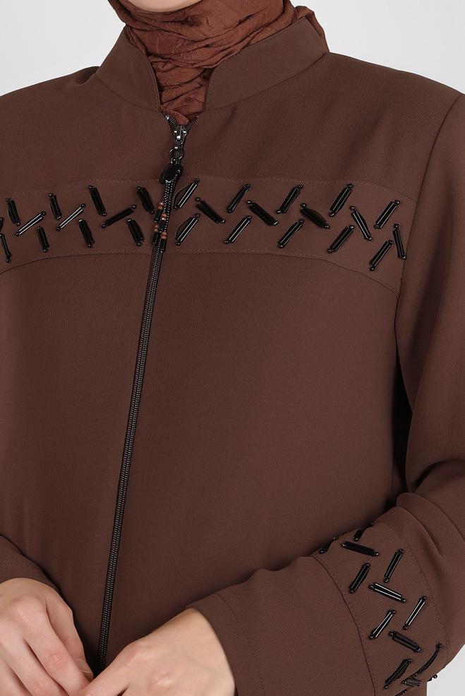 Tesettür giyim TABA BONCUK DETAYLI FERMUARLI PARDESÜ 10724 - ALVİNA