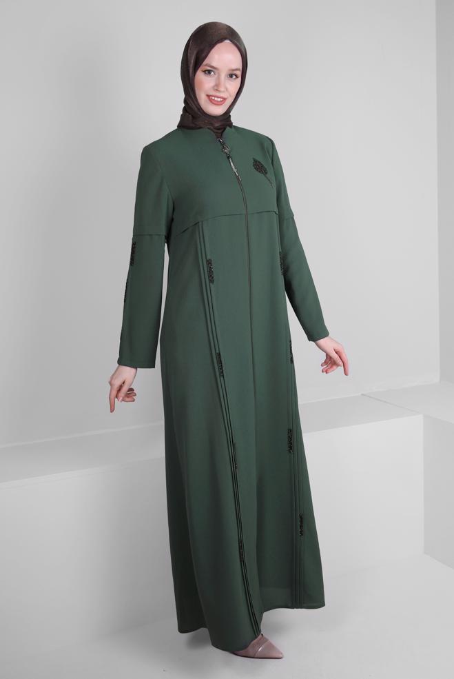 Vêtements hijab KAKI PARDESSUS BRODÉ GEM AVEC FERMETURE ÉCLAIR 10725 - ALVİNA
