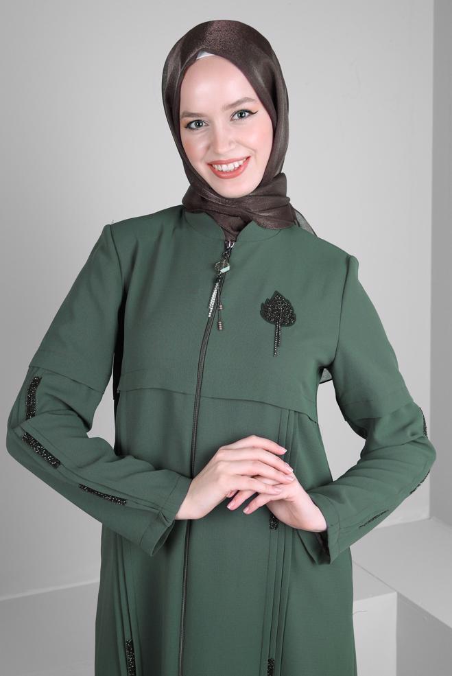 Vêtements hijab KAKI PARDESSUS BRODÉ GEM AVEC FERMETURE ÉCLAIR 10725 - ALVİNA
