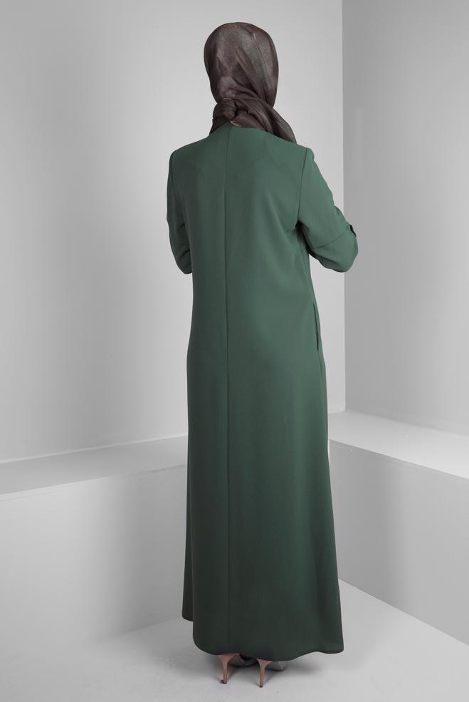 Vêtements hijab KAKI PARDESSUS BRODÉ GEM AVEC FERMETURE ÉCLAIR 10725 - ALVİNA