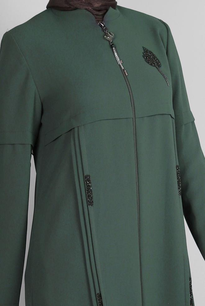 Vêtements hijab KAKI PARDESSUS BRODÉ GEM AVEC FERMETURE ÉCLAIR 10725 - ALVİNA