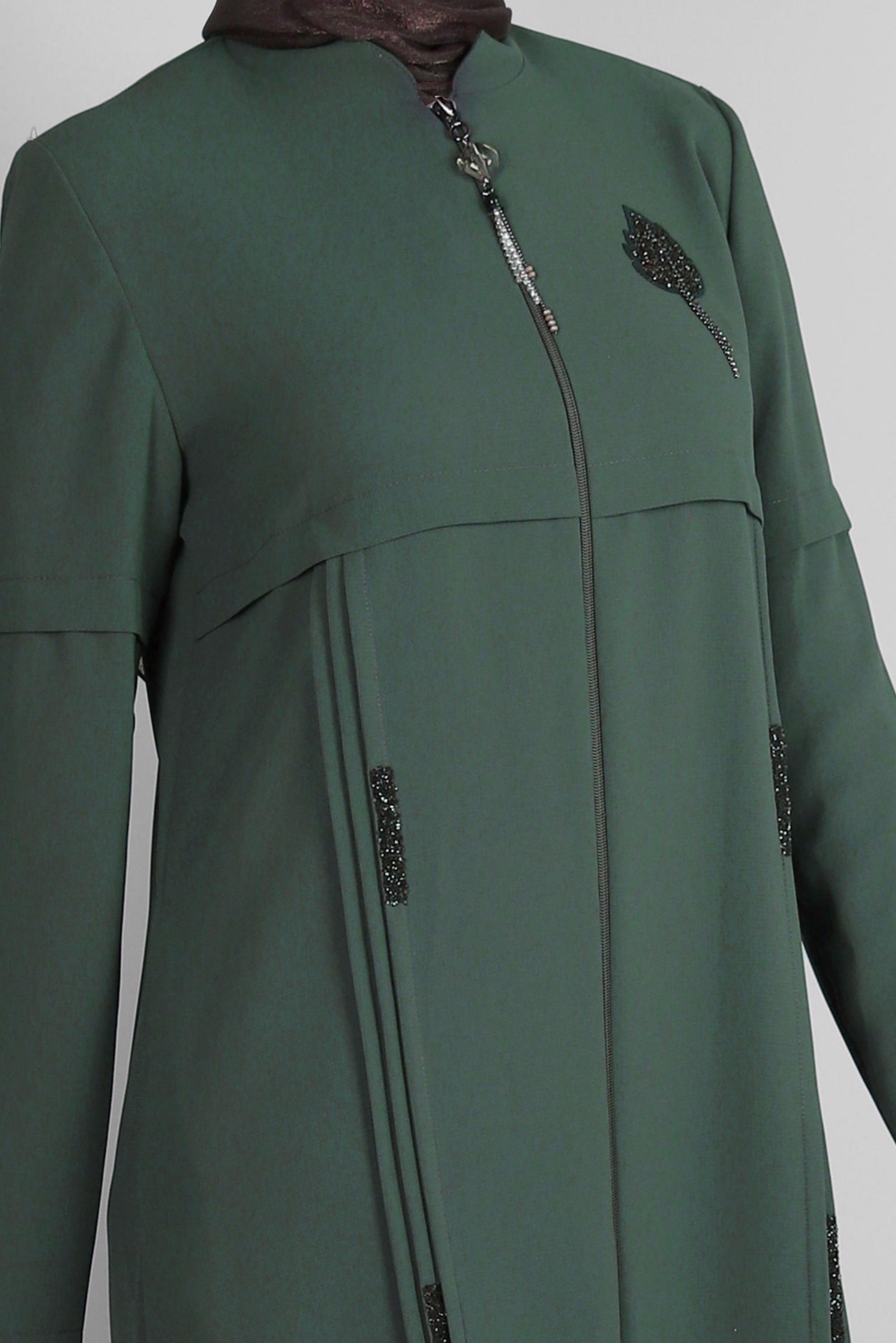 Tesettür giyim HAKİ TAŞ İŞLEME DETAYLI FERMUARLI PARDESÜ 10725