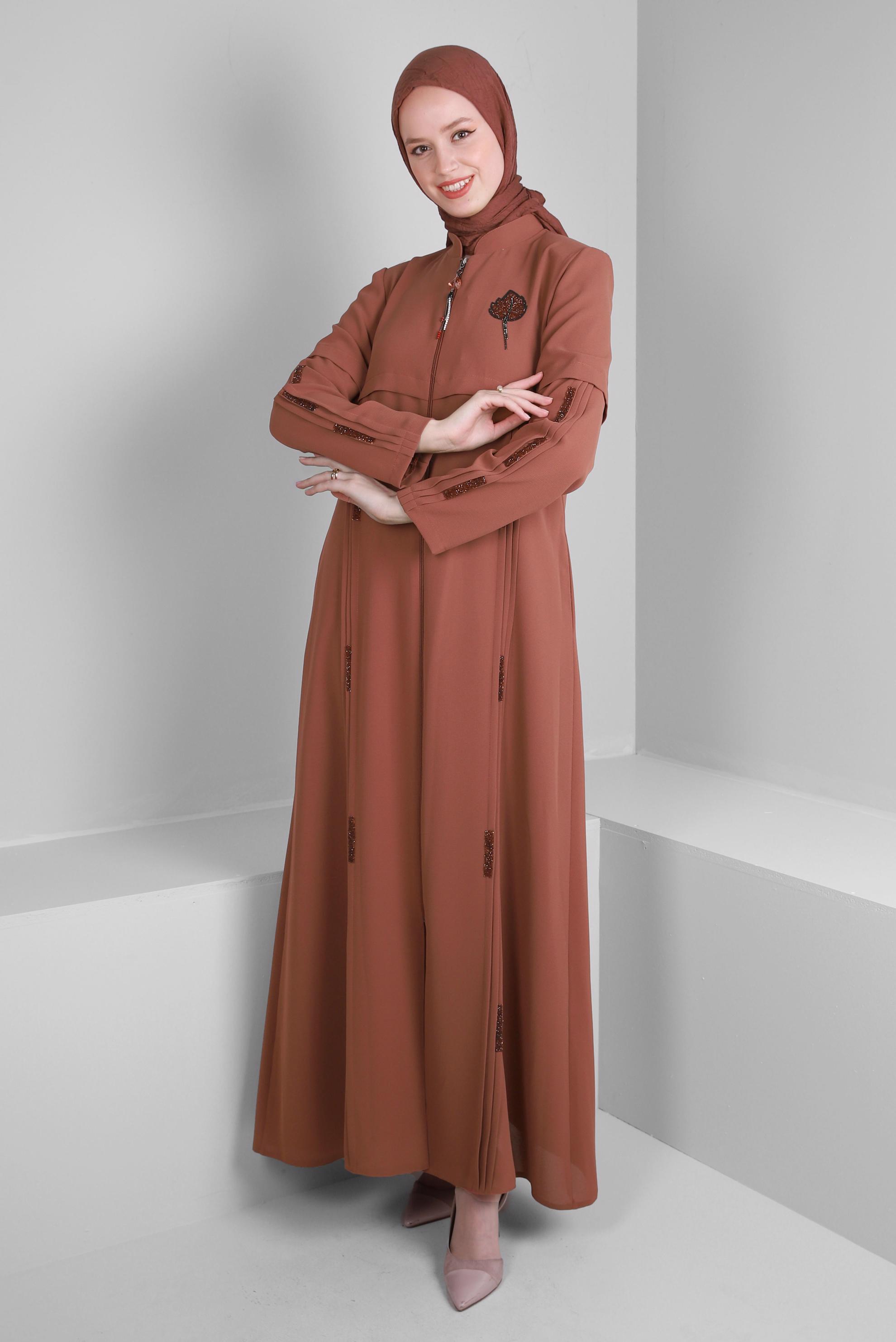 Tesettür giyim TURUNCU TAŞ İŞLEME DETAYLI FERMUARLI PARDESÜ 10725