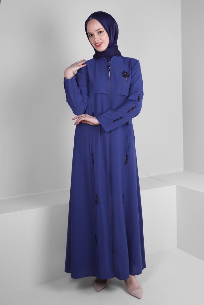 Vêtements hijab BLEU MARINE PARDESSUS BRODÉ GEM AVEC FERMETURE ÉCLAIR 10725 - ALVİNA