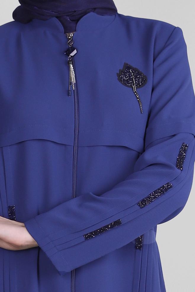 Vêtements hijab BLEU MARINE PARDESSUS BRODÉ GEM AVEC FERMETURE ÉCLAIR 10725 - ALVİNA