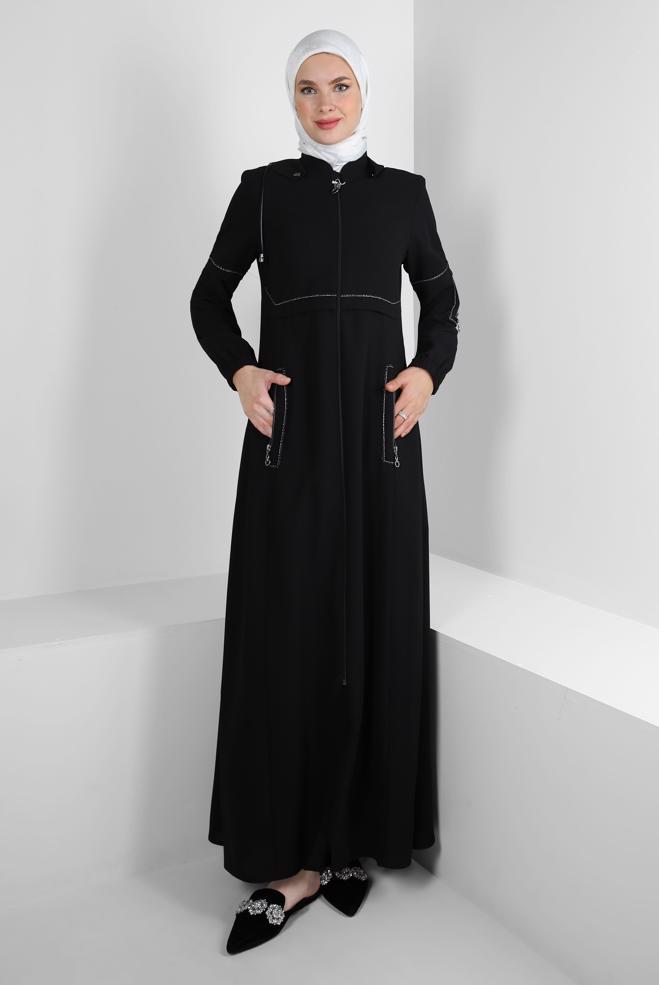 Tesettür giyim SİYAH ÇIKARILABİLİR KAPÜŞONLU CEPLİ PARDESÜ 10726 - ALVİNA