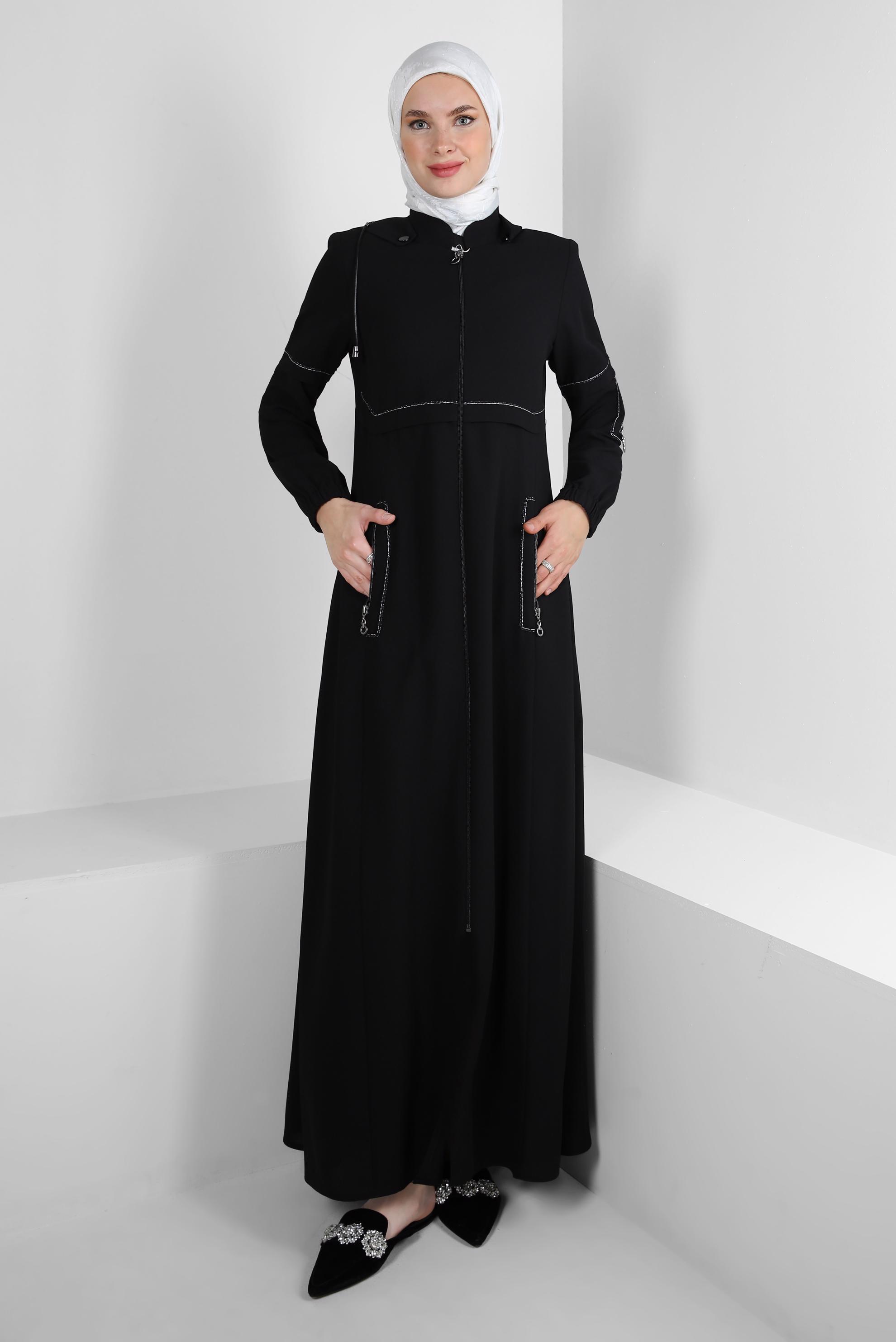 Hijab clothing BLACK DETACHABLE HOODED OVERCOAT WITH POCKET DETAIL 10726