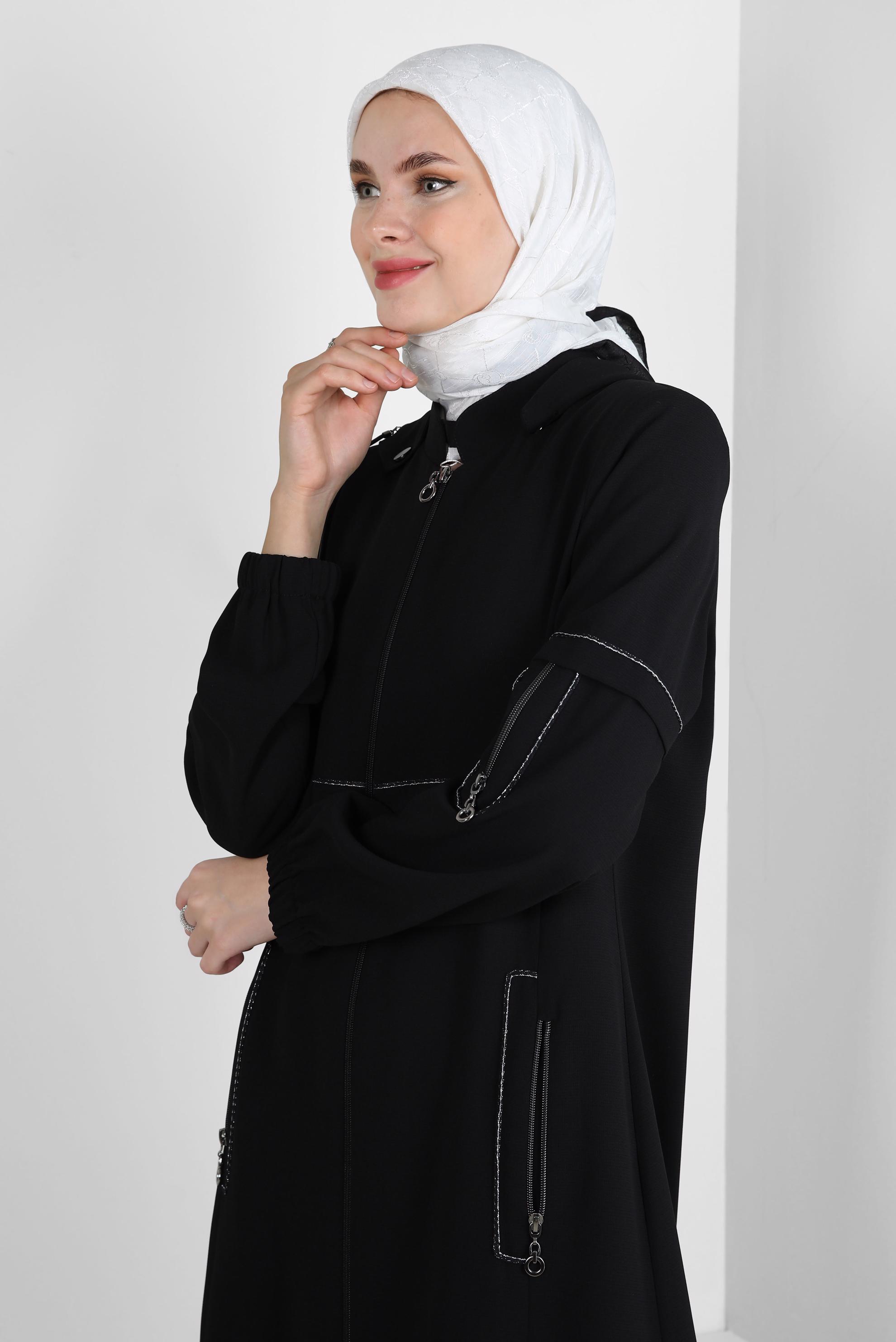 Hijab clothing BLACK DETACHABLE HOODED OVERCOAT WITH POCKET DETAIL 10726