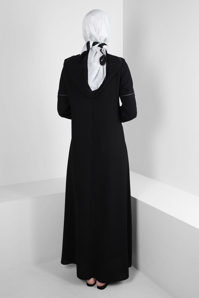 Tesettür giyim SİYAH ÇIKARILABİLİR KAPÜŞONLU CEPLİ PARDESÜ 10726 - ALVİNA