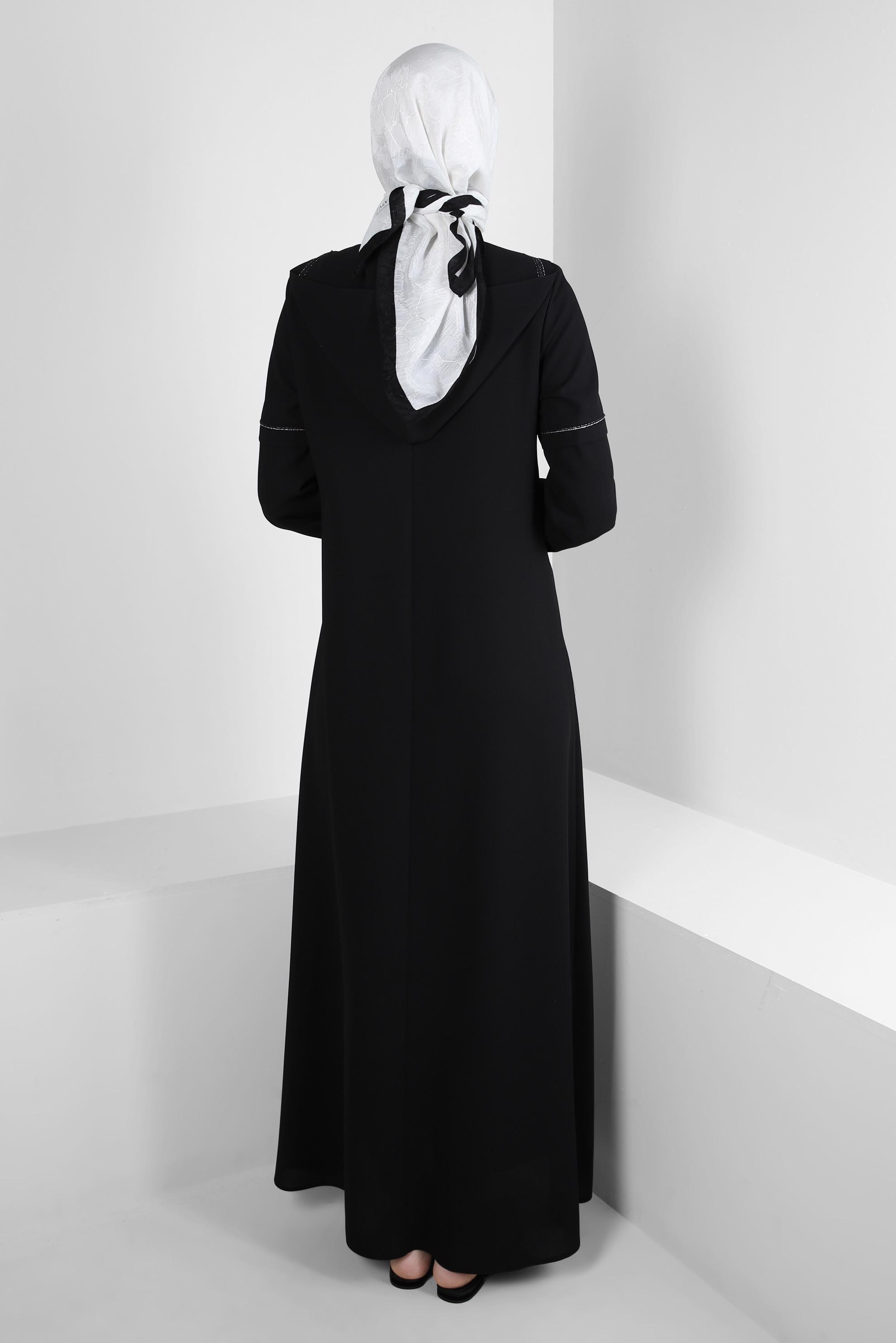 Hijab clothing BLACK DETACHABLE HOODED OVERCOAT WITH POCKET DETAIL 10726