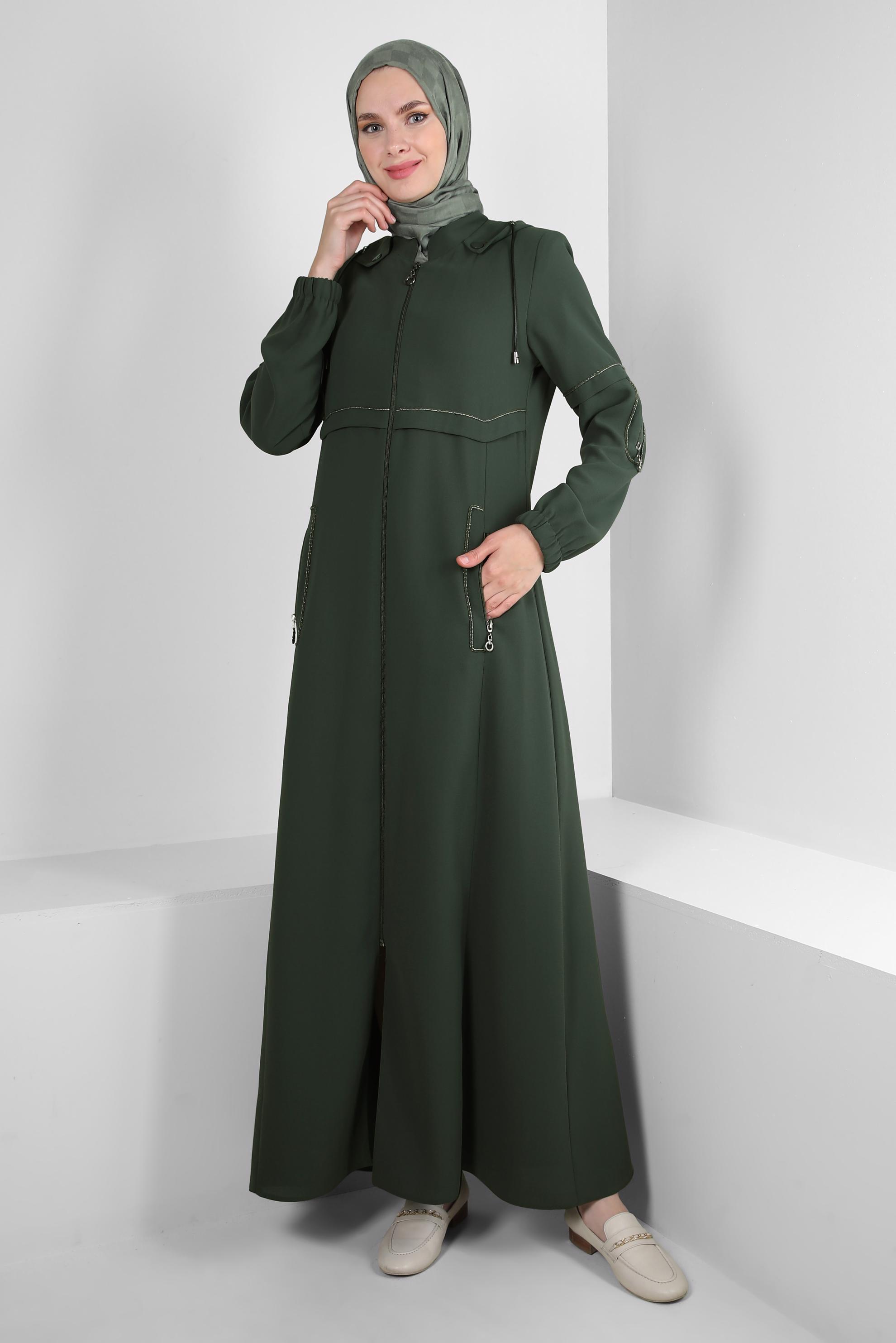 Hijab clothing KHAKI DETACHABLE HOODED OVERCOAT WITH POCKET DETAIL 10726