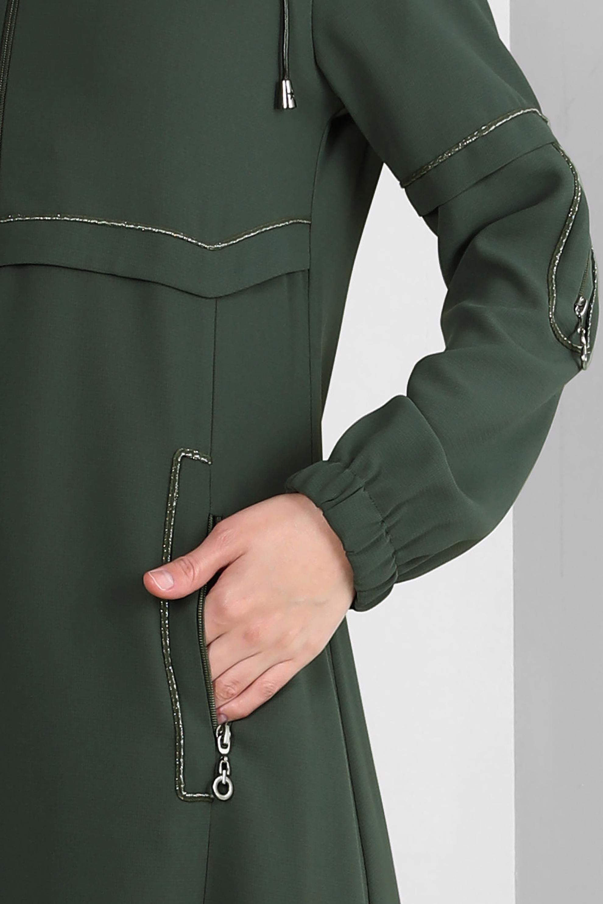 Hijab clothing KHAKI DETACHABLE HOODED OVERCOAT WITH POCKET DETAIL 10726