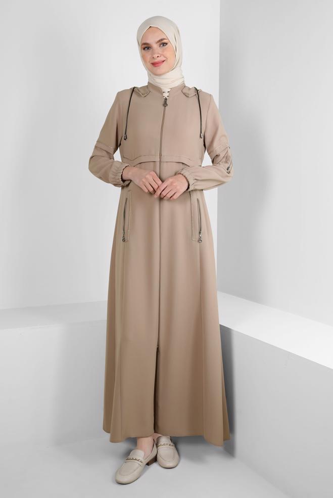 Hijab clothing BEIGE DETACHABLE HOODED OVERCOAT WITH POCKET DETAIL 10726 - ALVİNA