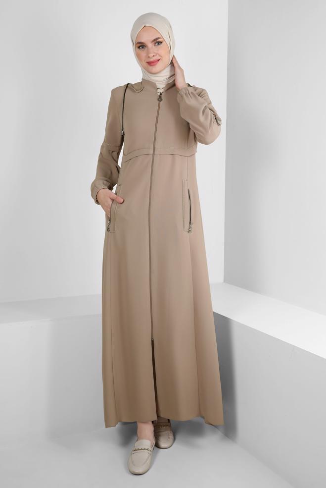Hijab clothing BEIGE DETACHABLE HOODED OVERCOAT WITH POCKET DETAIL 10726 - ALVİNA