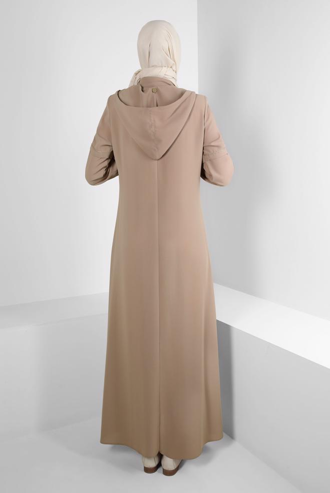 Hijab clothing BEIGE DETACHABLE HOODED OVERCOAT WITH POCKET DETAIL 10726 - ALVİNA