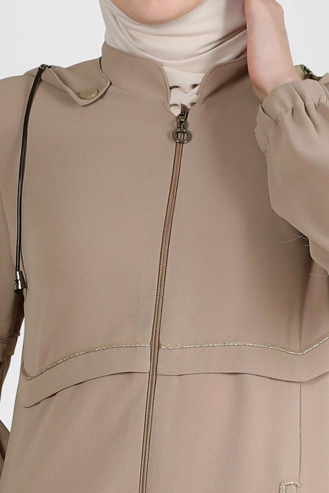 Hijab clothing BEIGE DETACHABLE HOODED OVERCOAT WITH POCKET DETAIL 10726 - ALVİNA