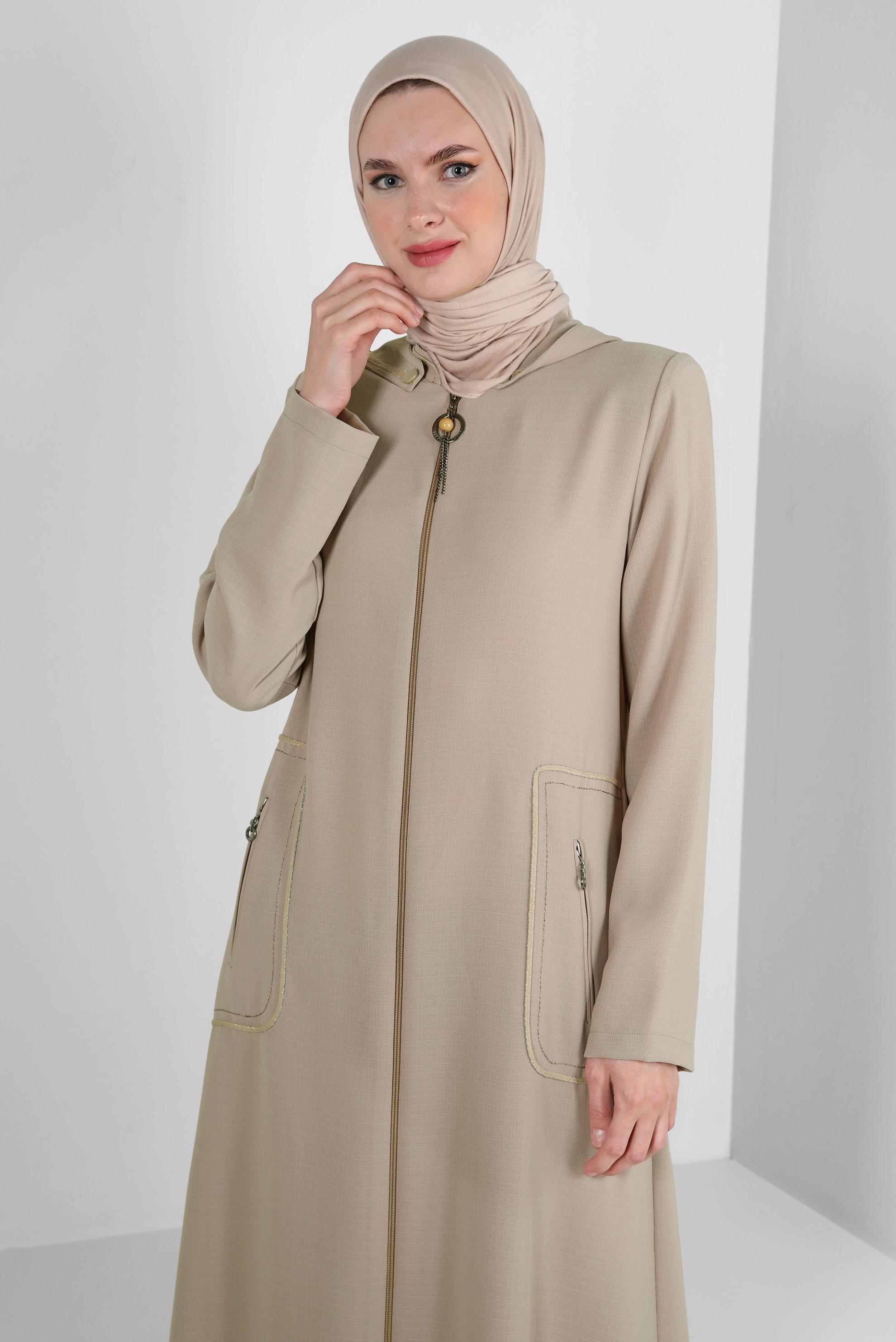 Hijab clothing BEIGE ZIPPERED TOPCOAT WITH DETACHABLE HOOD 10727