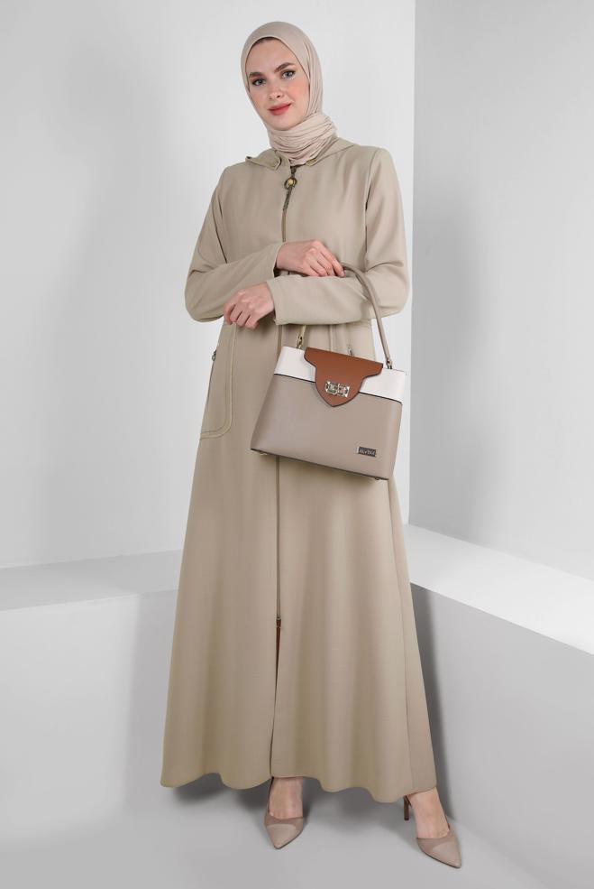 Hijab clothing BROWN ZIPPERED TOPCOAT WITH DETACHABLE HOOD 10727 - ALVİNA