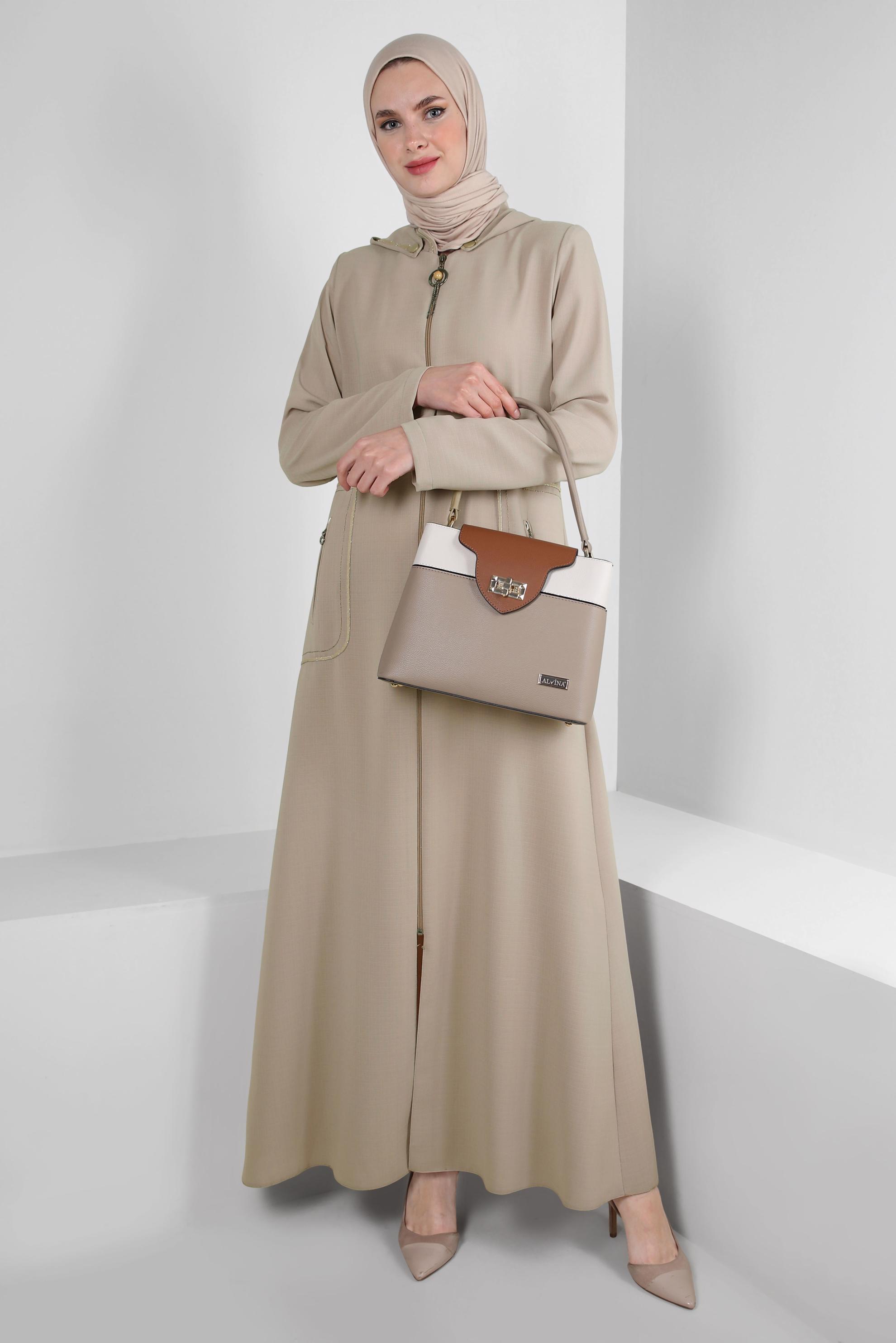 Hijab clothing BEIGE ZIPPERED TOPCOAT WITH DETACHABLE HOOD 10727