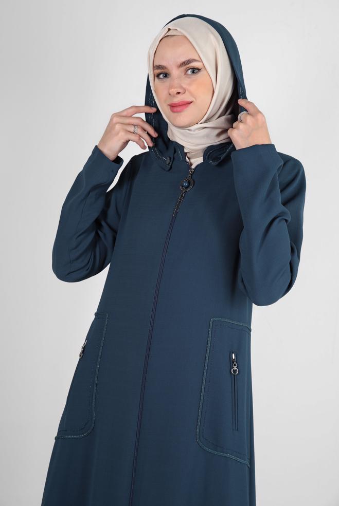 Tesettür giyim LACİVERT ÇIKARILABİLİR KAPÜŞONLU FERMUARLI PARDESÜ 10727 - ALVİNA