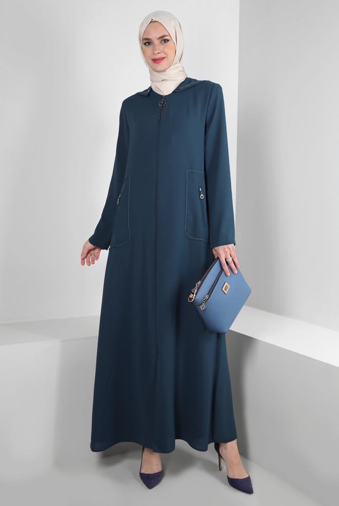 Tesettür giyim LACİVERT ÇIKARILABİLİR KAPÜŞONLU FERMUARLI PARDESÜ 10727 - ALVİNA