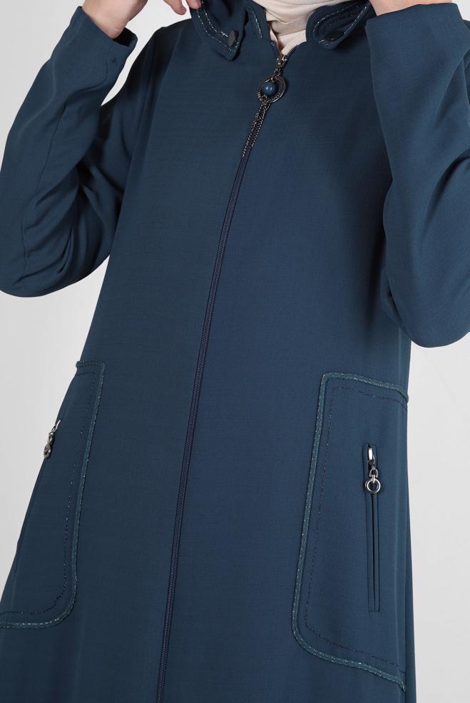 Tesettür giyim LACİVERT ÇIKARILABİLİR KAPÜŞONLU FERMUARLI PARDESÜ 10727 - ALVİNA