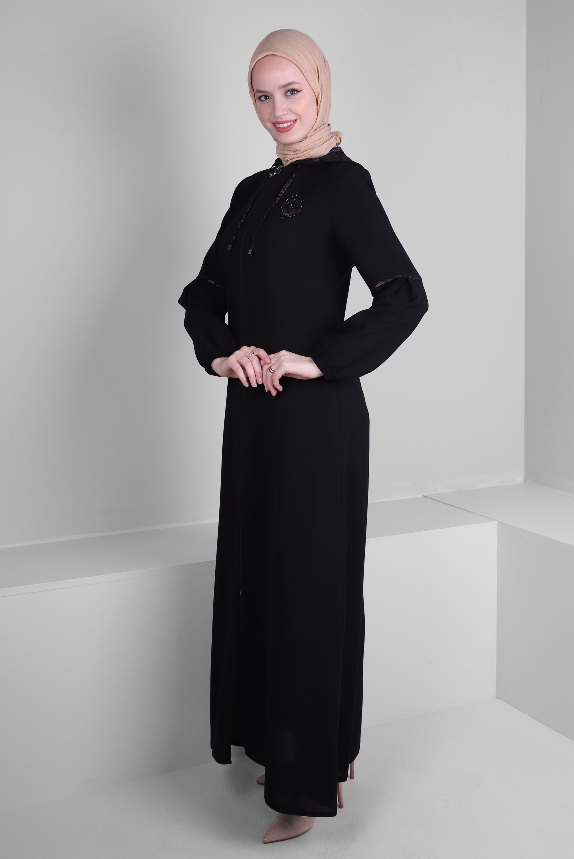 Tesettür giyim SİYAH KAPÜŞONLU FERMUARLI PARDESÜ 10728 