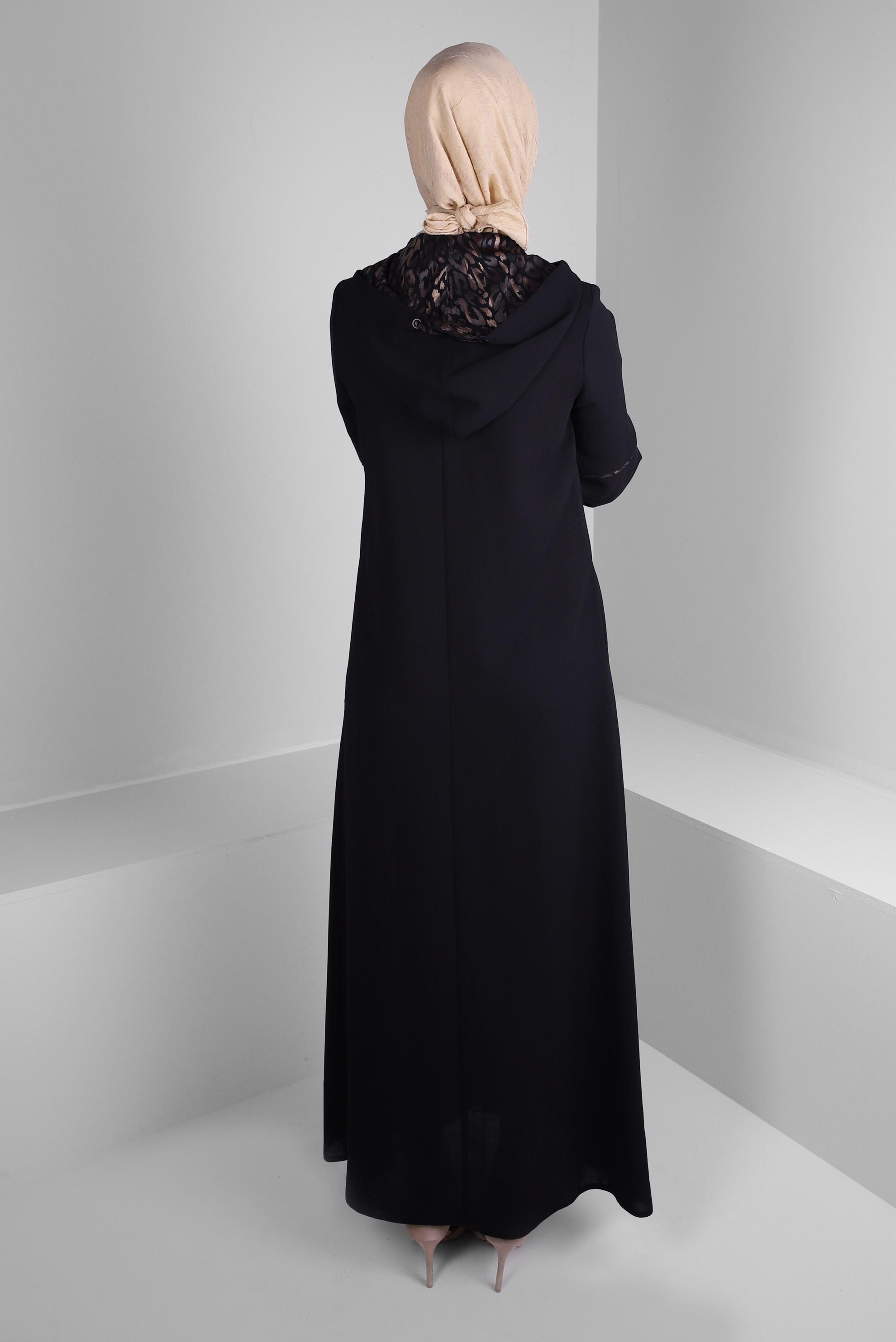 Tesettür giyim SİYAH KAPÜŞONLU FERMUARLI PARDESÜ 10728 