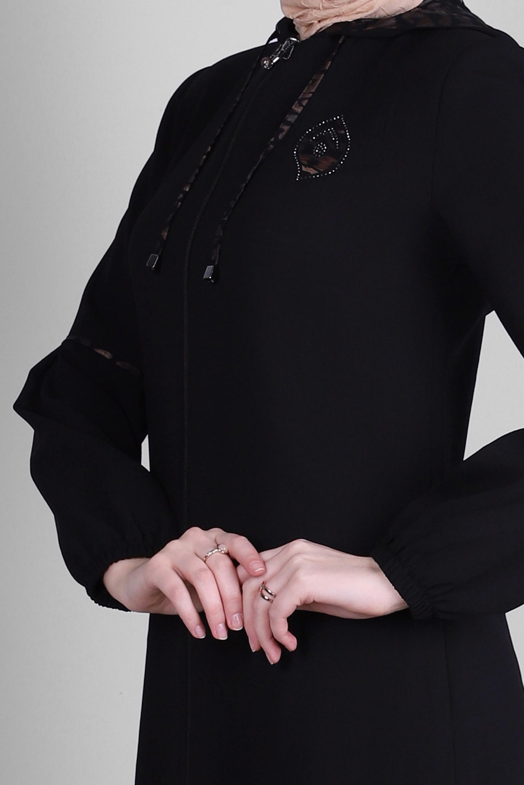 Tesettür giyim SİYAH KAPÜŞONLU FERMUARLI PARDESÜ 10728 