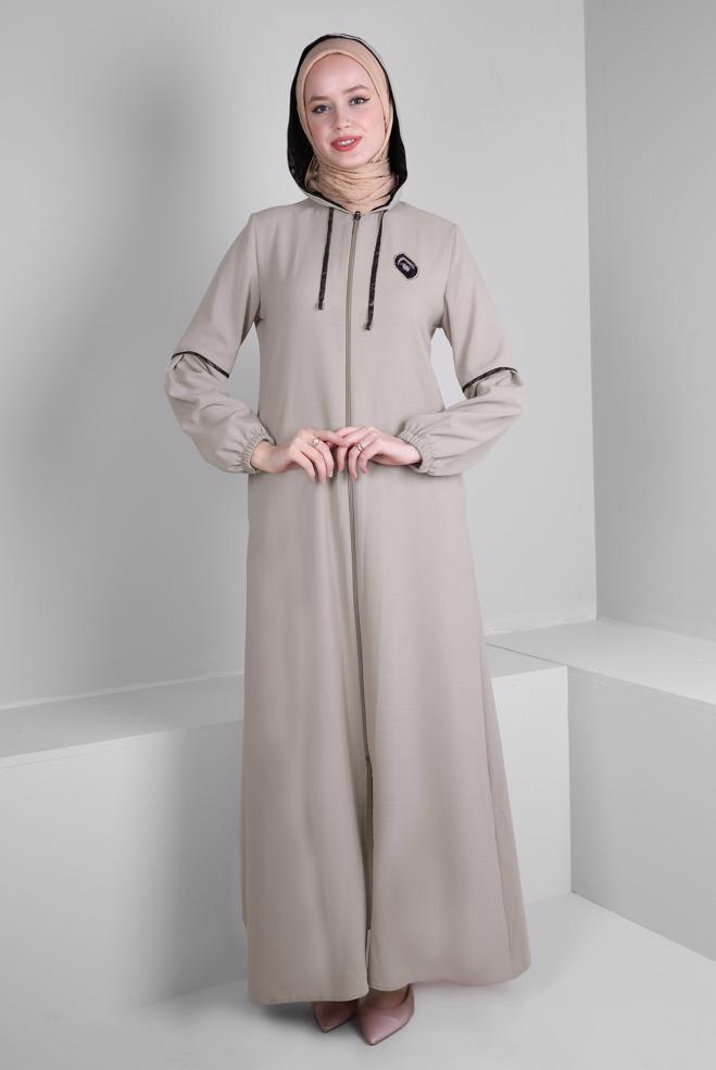 Vêtements hijab BEIGE PARDESSUS À CAPUCHE AVEC FERMETURE ÉCLAIR 10728 - ALVİNA