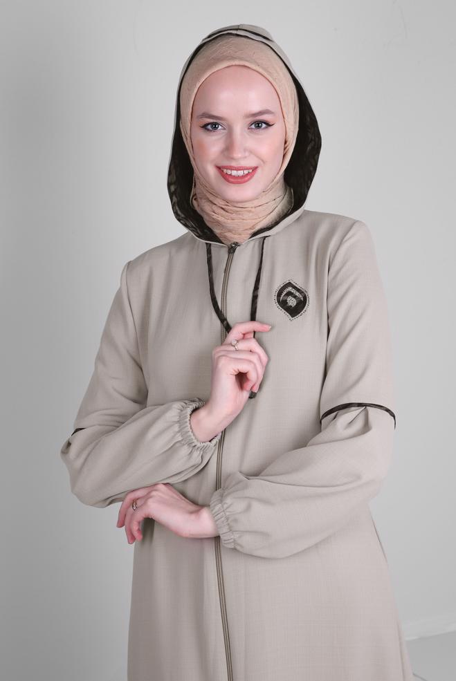 Vêtements hijab BEIGE PARDESSUS À CAPUCHE AVEC FERMETURE ÉCLAIR 10728 - ALVİNA